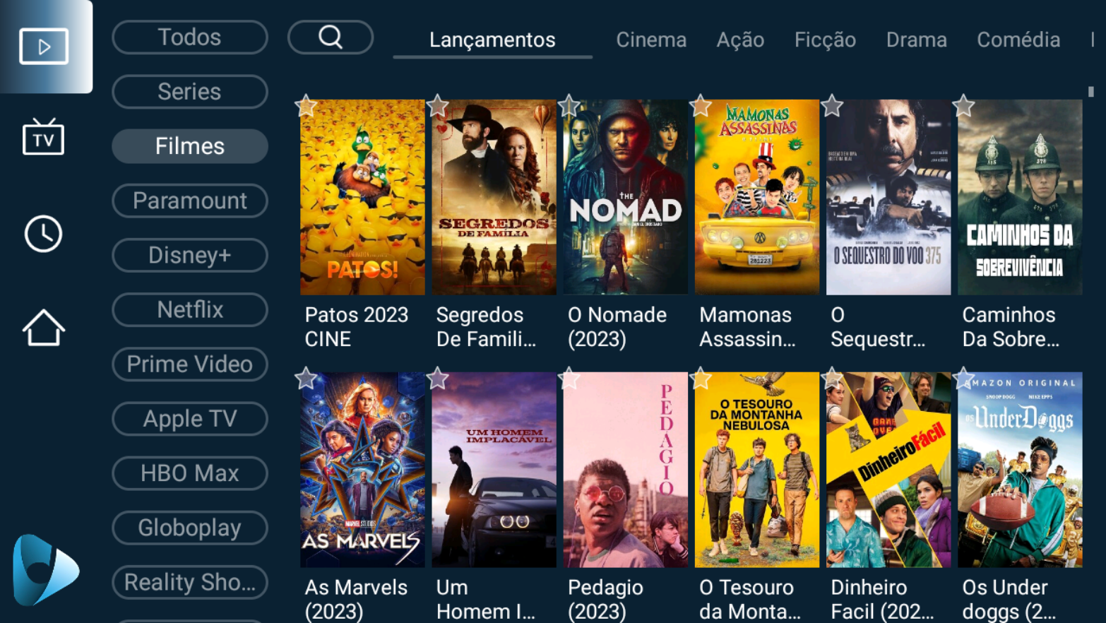 Interface do aplicativo UniCard com catálogo de filmes e streamings